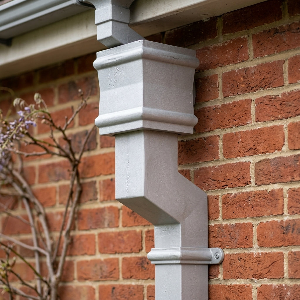 Traditional Aluminium Downpipe Bends 72x72mm – 92.5° & 112.5° — RAL 7036 / 92.5 Degrees (in use)