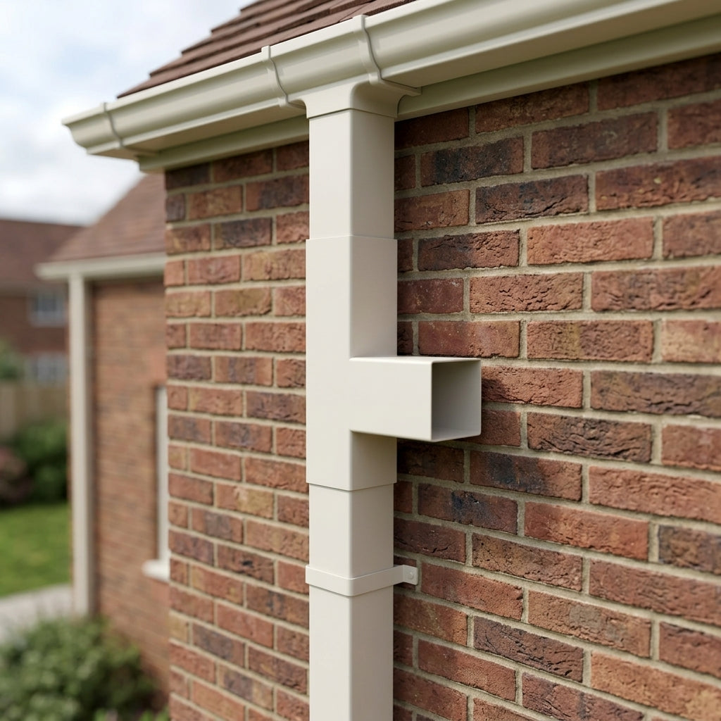 72x72mm Flush Joint Downpipe Branches — 92.5° & 112.5° — RAL 9010 / 92.5 Degrees (in use)