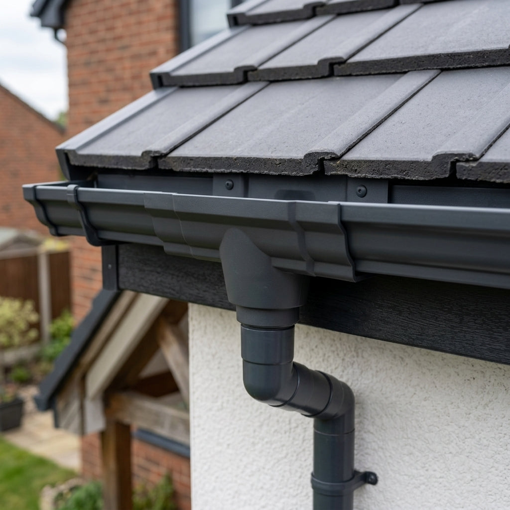 Moulded Ogee Gutter Outlet 76mm Diameter 125 x 100mm — RAL 7021 (in use)