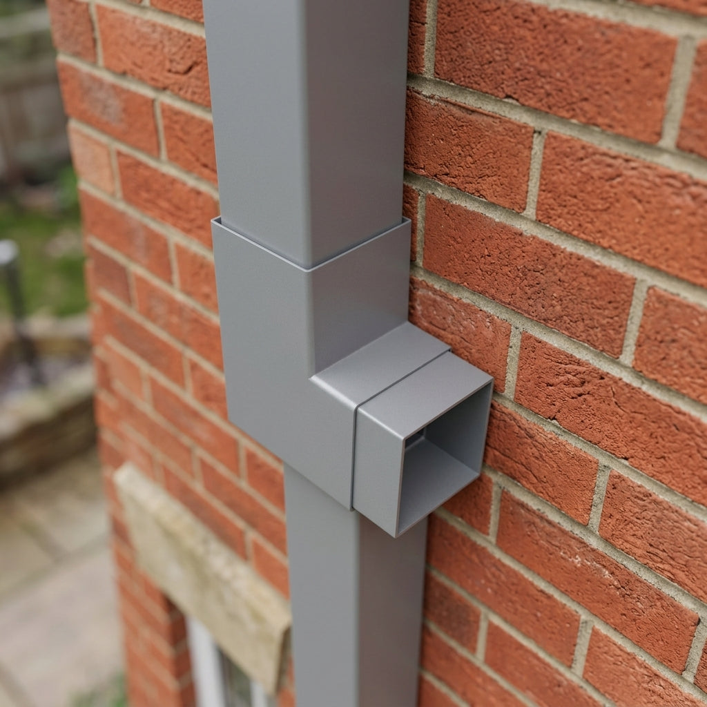 Flush Joint Aluminium Downpipe Bend 72x72mm — Other Colour TBA / 112.5 Degrees (in use)