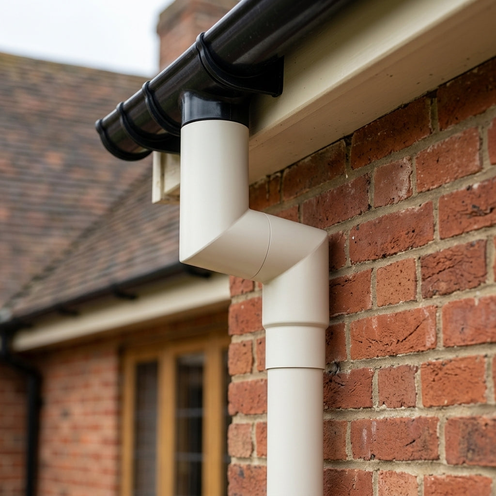 76mm Diameter Flush Joint Aluminium Downpipe Bends — RAL 9010 / 92.5 Deg (in use)