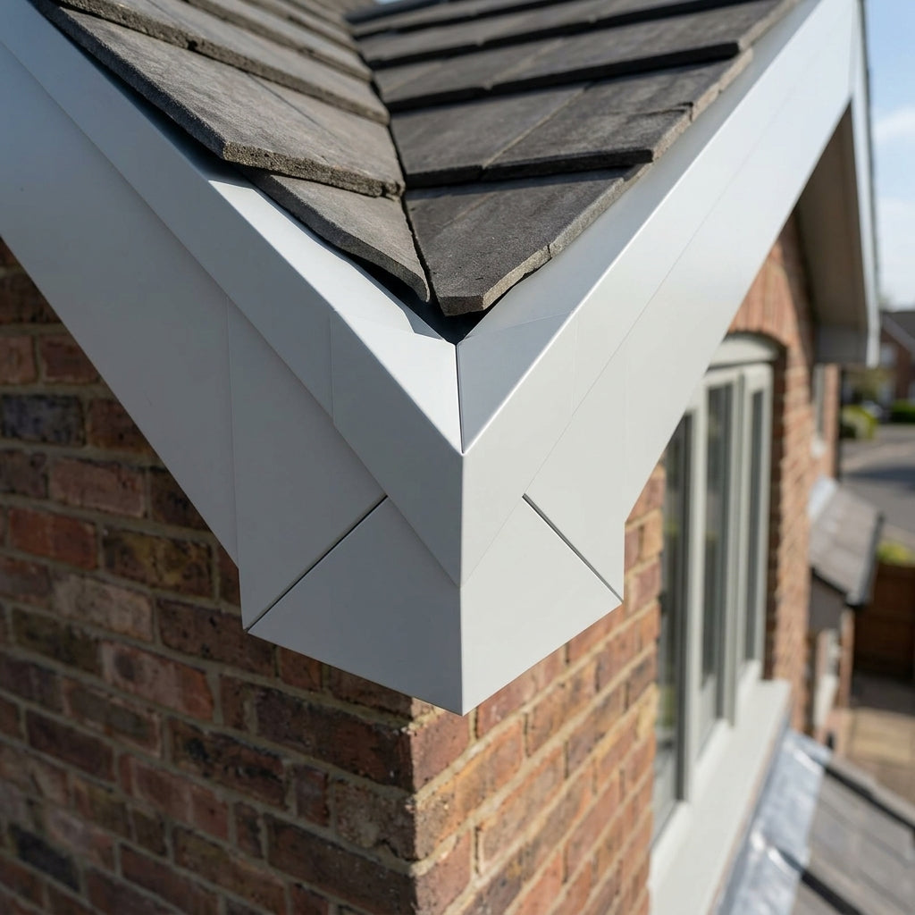 U Return Aluminium Fascia Angle Covers for Mitred Corners — RAL 7035 / 90 Deg External Angle (in use)