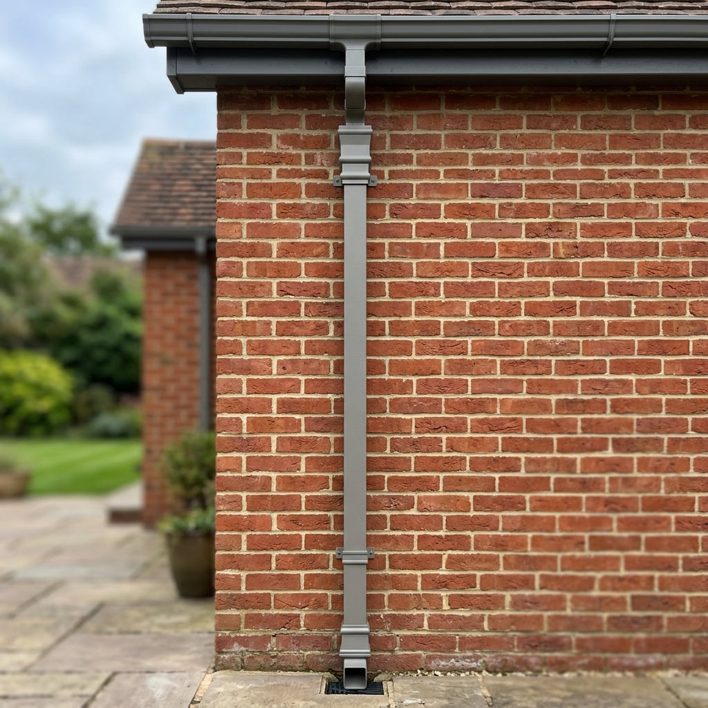Traditional Downpipe Length 72x72mm x 3m Non-Eared Socket — RAL 7036 (in use)