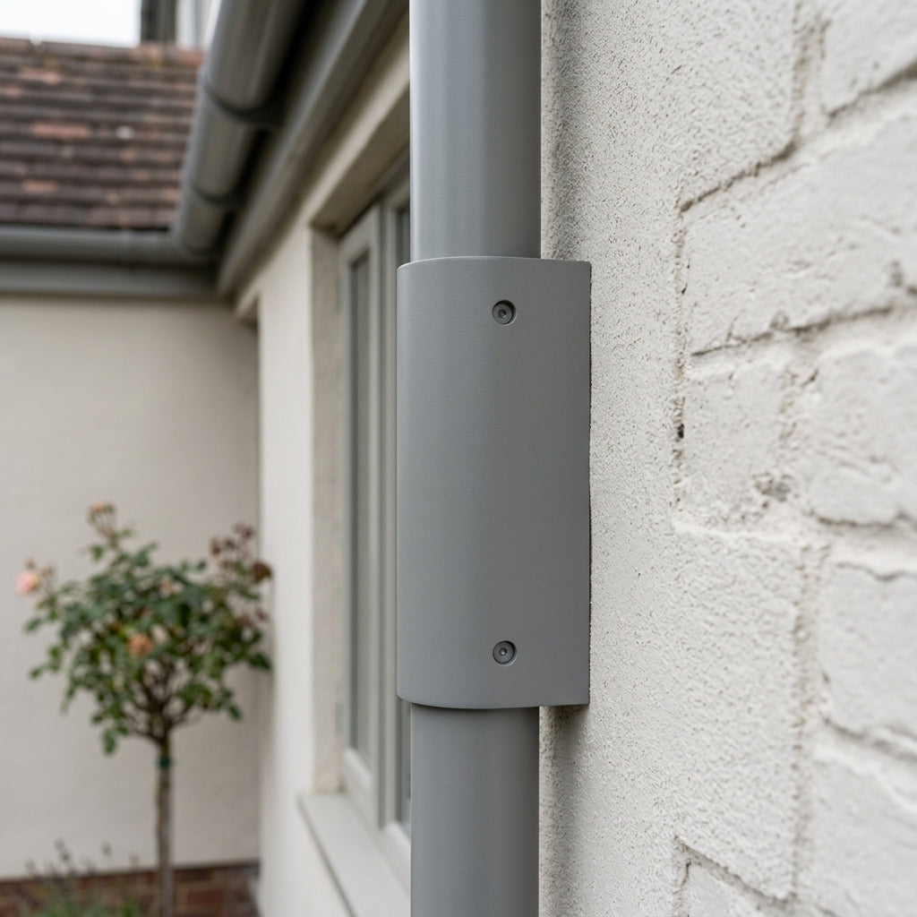 76mm Diameter Aluminium Downpipe Access Plate — RAL 7037 (in use)