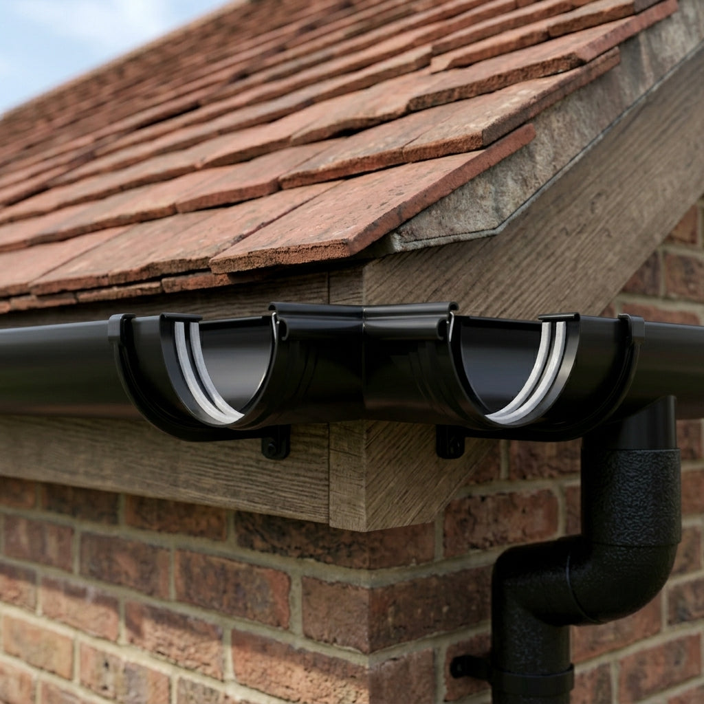Half Round Aluminium Gutter Angle 90° - 125mm — RAL 9005 (in use)