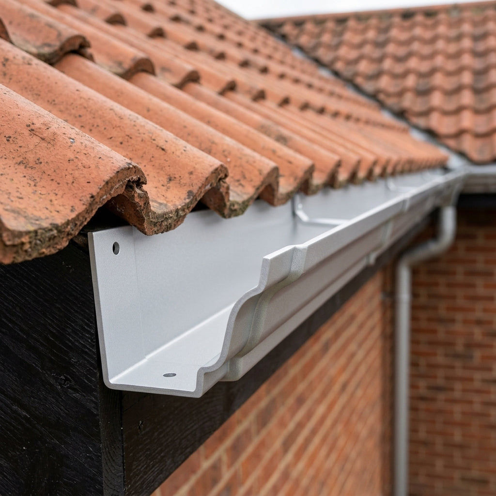Moulded Ogee Aluminium Gutter Length 125 x 100mm x 1.83m — RAL 9006 (in use)