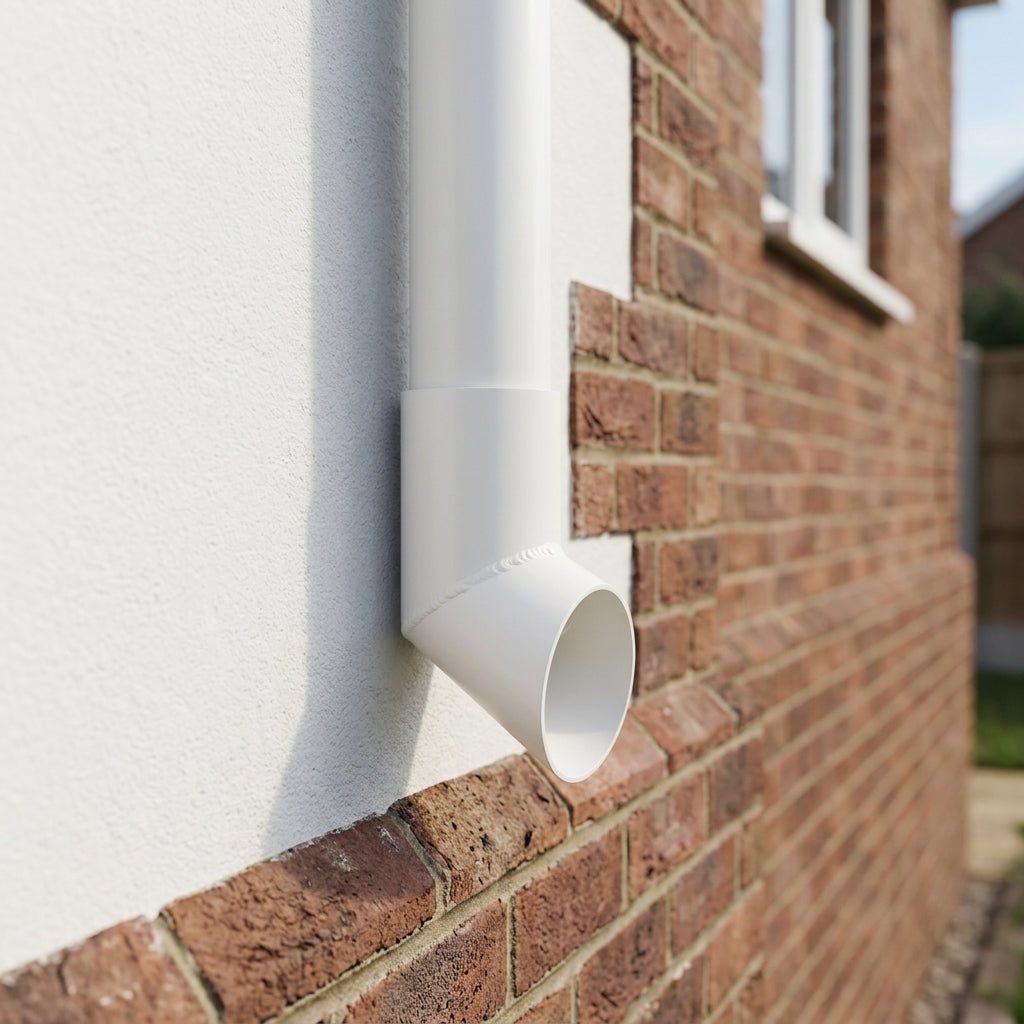 76mm Diameter Flush Joint Aluminium Downpipe Shoe — RAL 9010 (in use)