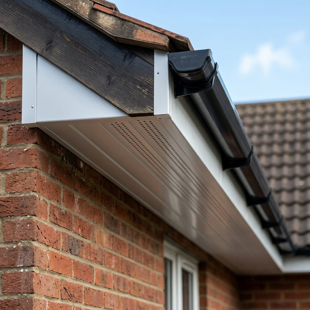 Aluminium Soffit Boards – Plain or Vented with Exterior Coating — RAL 9006 / 740mm Wide | Unvented (in use)