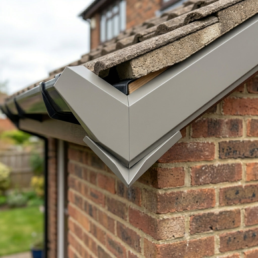 V Return Aluminium Fascia Angle Covers for Mitred Corners — RAL 7036 / 90 Deg External Angle (in use)