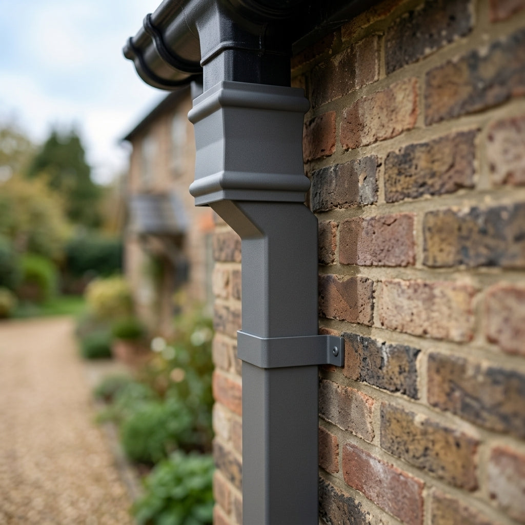 Traditional Aluminium Downpipe Bends 72x72mm – 92.5° & 112.5° — RAL 7016 / 92.5 Degrees (in use)