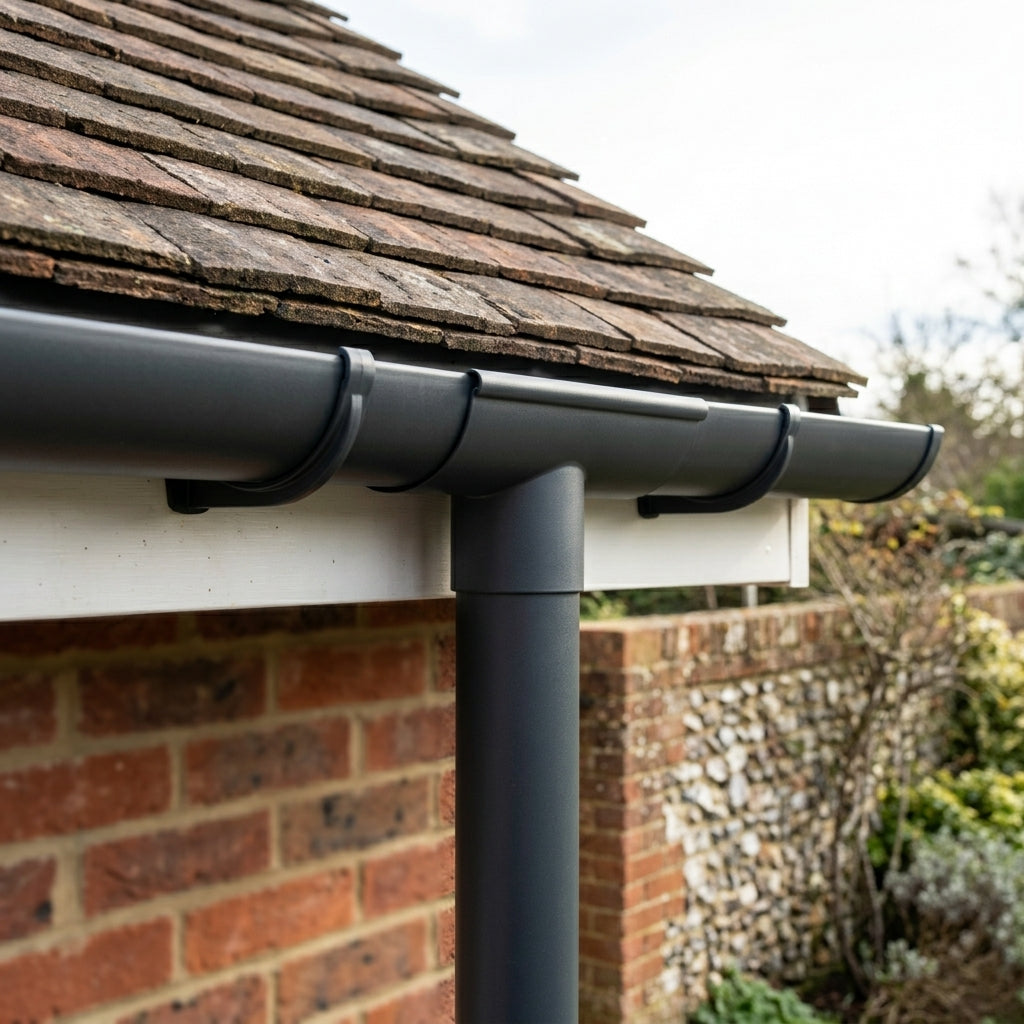 Half Round Aluminium Gutter Outlet 76mm – Marine Grade — RAL 7021 (in use)