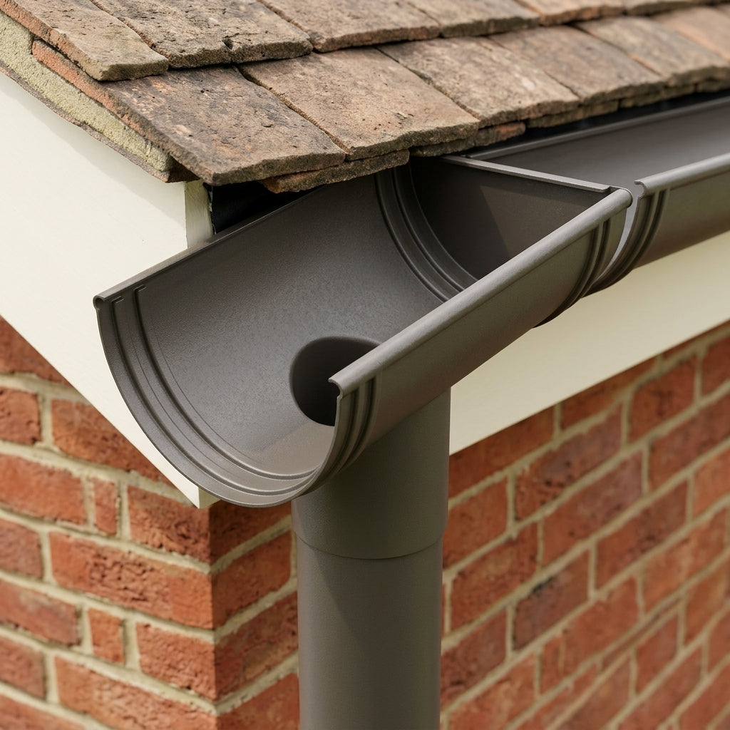 DeepFlow Aluminium Gutter Outlet 76mm Diameter 130mm — RAL 7022 (in use)