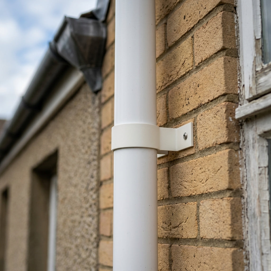 76mm Aluminium Downpipe Clip – Flush Joint — RAL 9010 (in use)