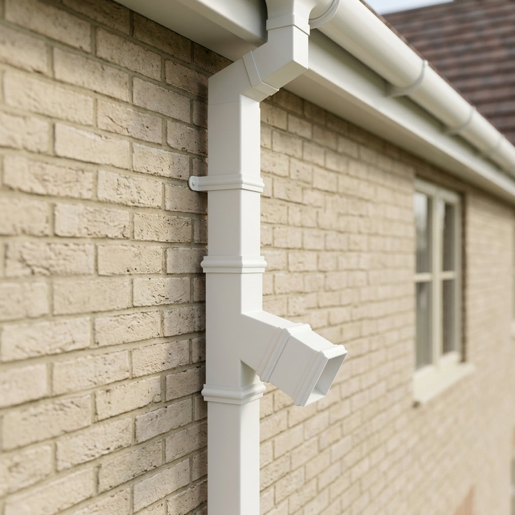 72x72mm Traditional Square Aluminium Downpipe Branches — RAL 9010 / 92.5 Degrees (in use)