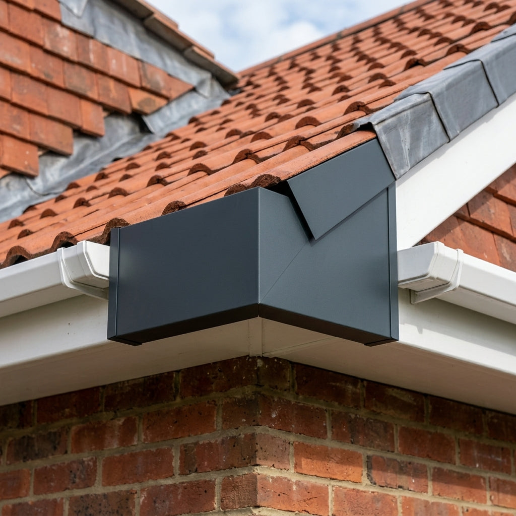V Return Aluminium Fascia Angle Covers for Mitred Corners — RAL 7016 / 90 Deg Internal Angle (in use)