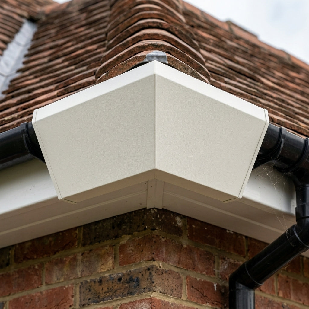 V Return Aluminium Fascia Angle Covers for Mitred Corners — RAL 9010 / 135 Deg Internal Angle (in use)