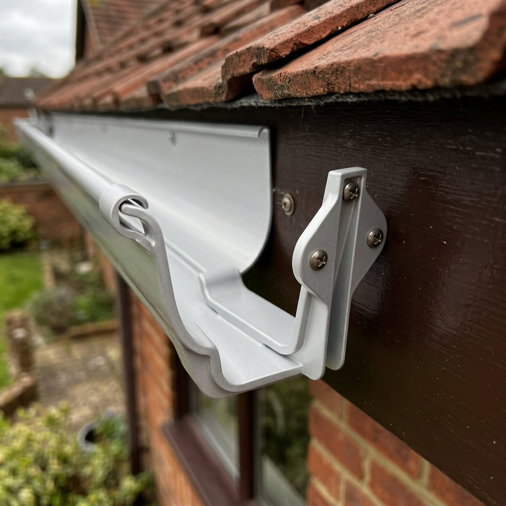 Moulded Ogee Gutter Fascia Bracket 125 x 100mm — RAL 9006 (in use)