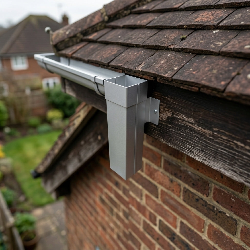 72x72mm Aluminium Gutter Outlet Spigot Extender — RAL 9006 (in use)