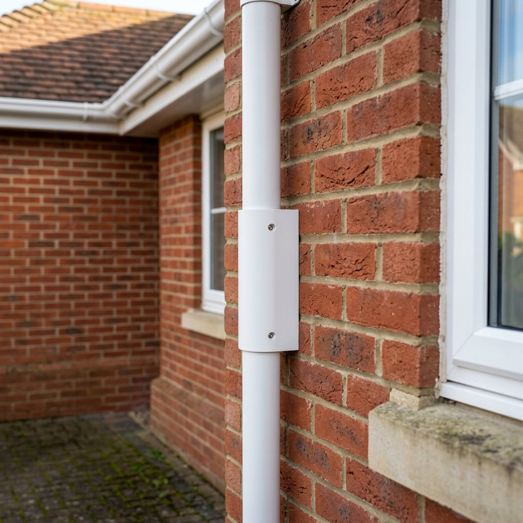 76mm Diameter Aluminium Downpipe Access Plate — RAL 9010 (in use)