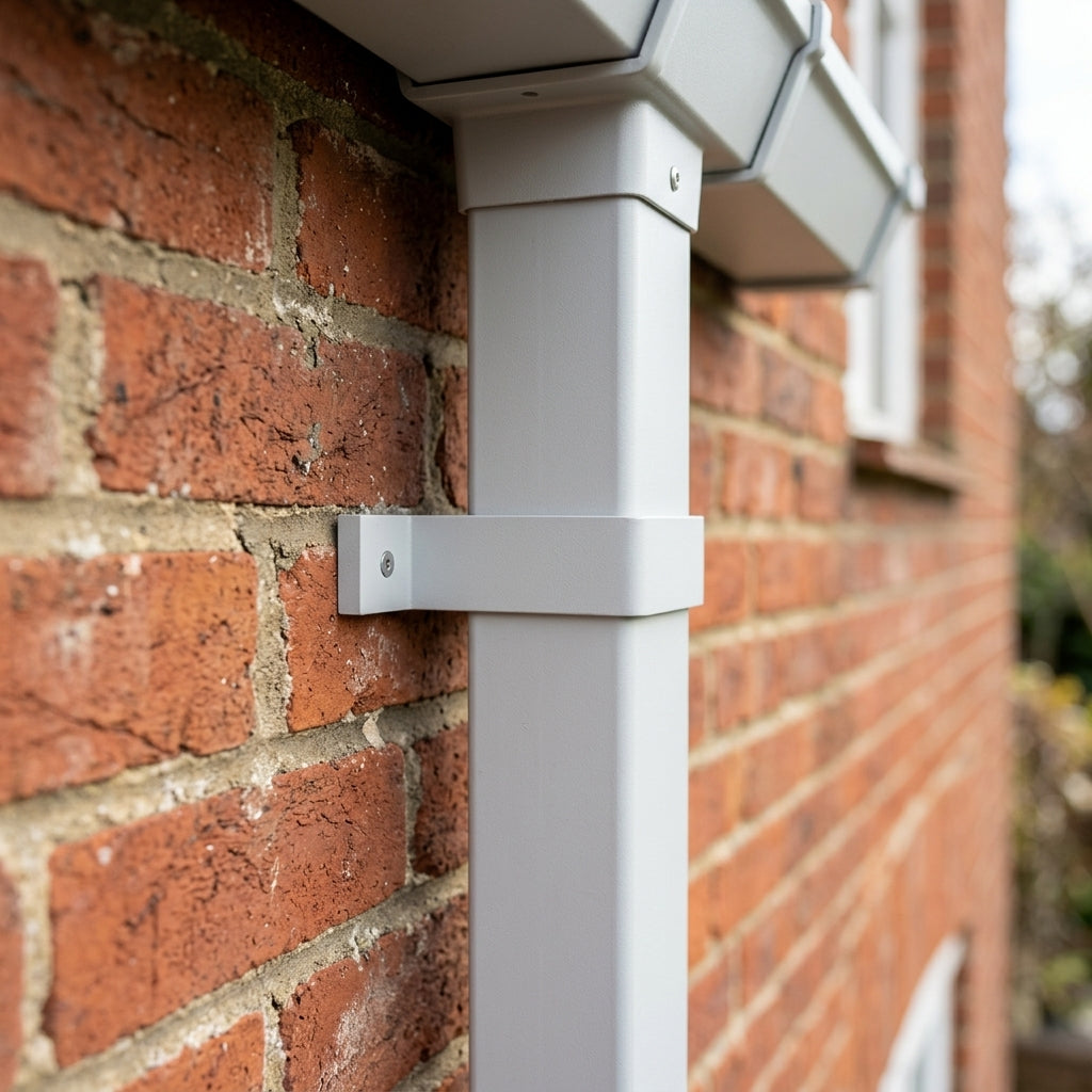 Aluminium Downpipe Clip 72×72mm with 5mm Wall Spacing — RAL 7035 (in use)