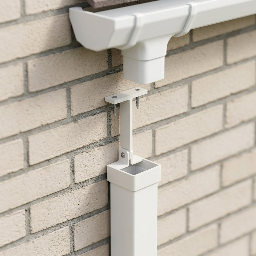 Adjustable Aluminium Pipe Clip 72×72mm – Flush Joint Downpipe — RAL 9010 (in use)