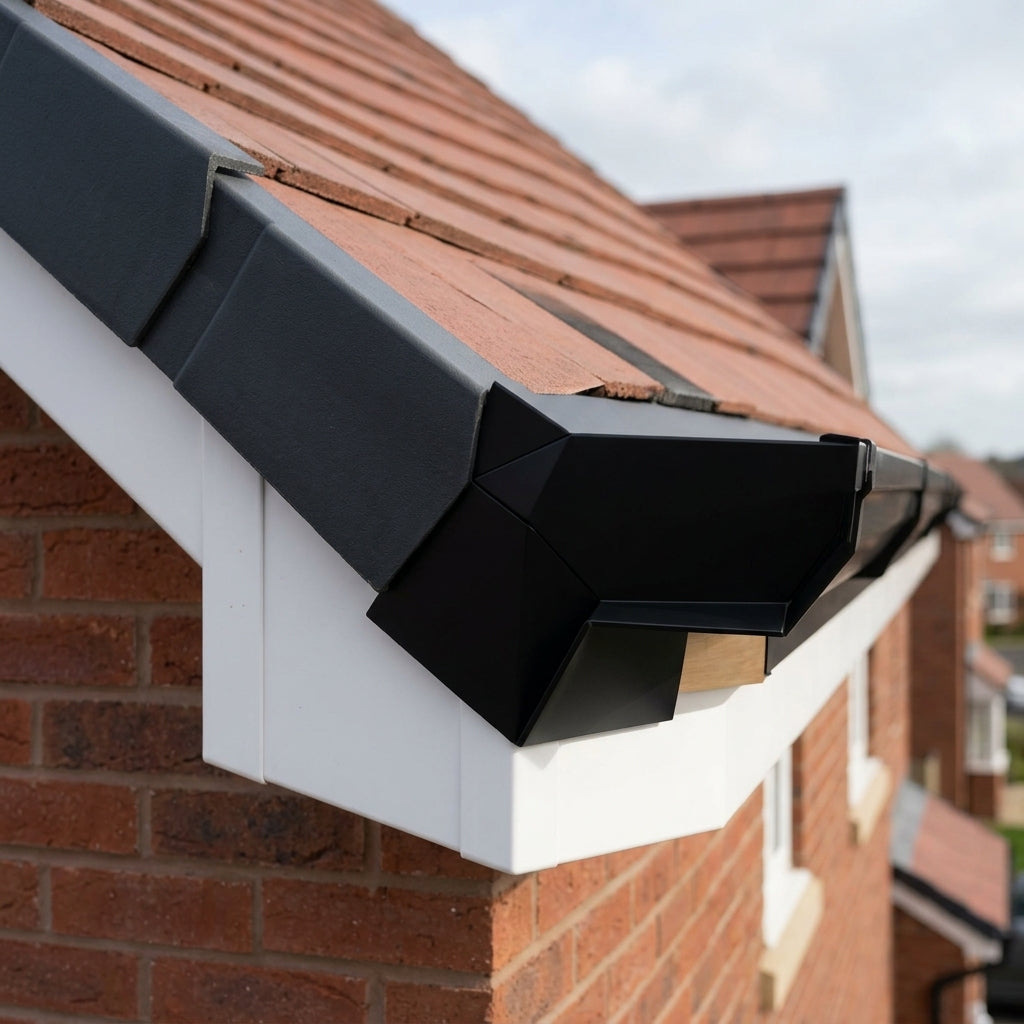 U Return Aluminium Fascia Angle Covers for Mitred Corners — RAL 9005 / 135 Deg Internal Angle (in use)