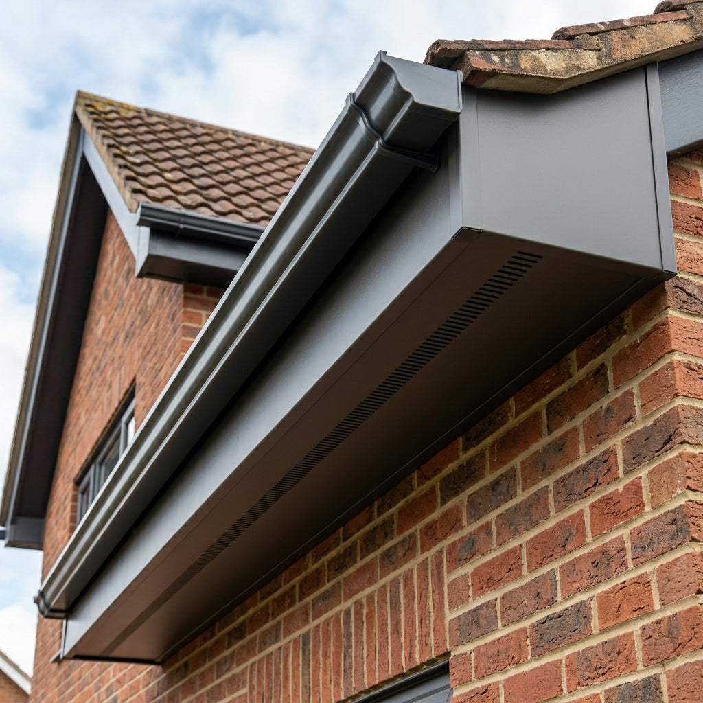 Aluminium Soffit Boards – Plain or Vented with Exterior Coating — RAL 7022 / 365mm Wide | Unvented (in use)