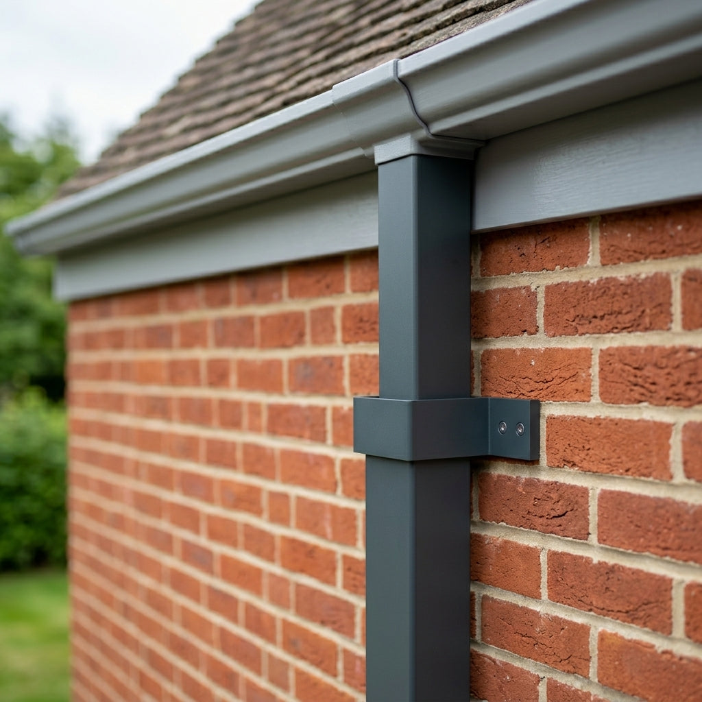 Aluminium Downpipe Clip 72×72mm with 5mm Wall Spacing — RAL 7016 (in use)