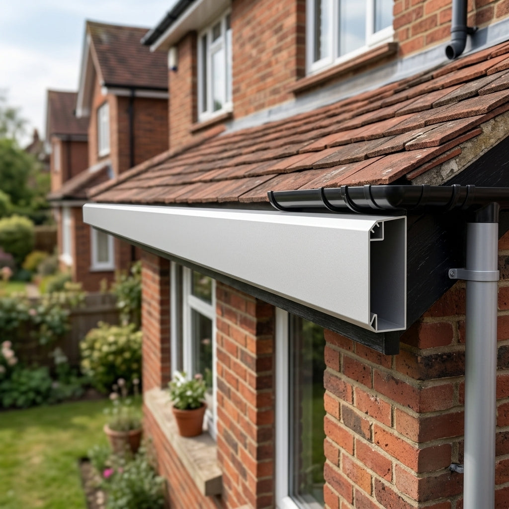 U Return Aluminium Fascia Board 30x25mm – 3m Length — RAL 9006 (in use)
