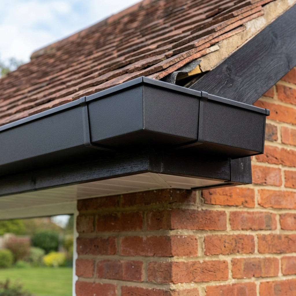 135° Aluminium Box Gutter Angle 135 x 100mm — Textured Black (in use)