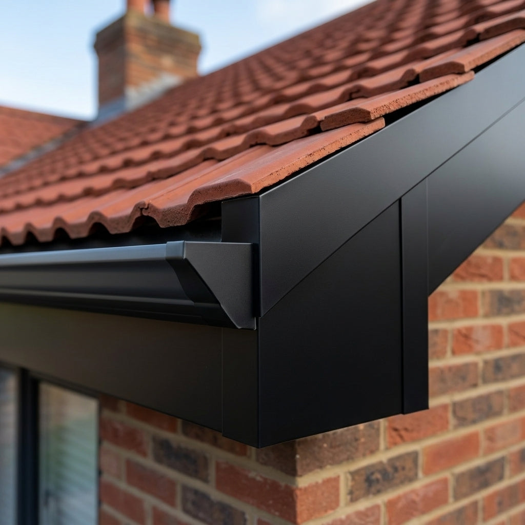V Return Aluminium Fascia Angle Covers for Mitred Corners — RAL 9005 / 135 Deg Internal Angle (in use)