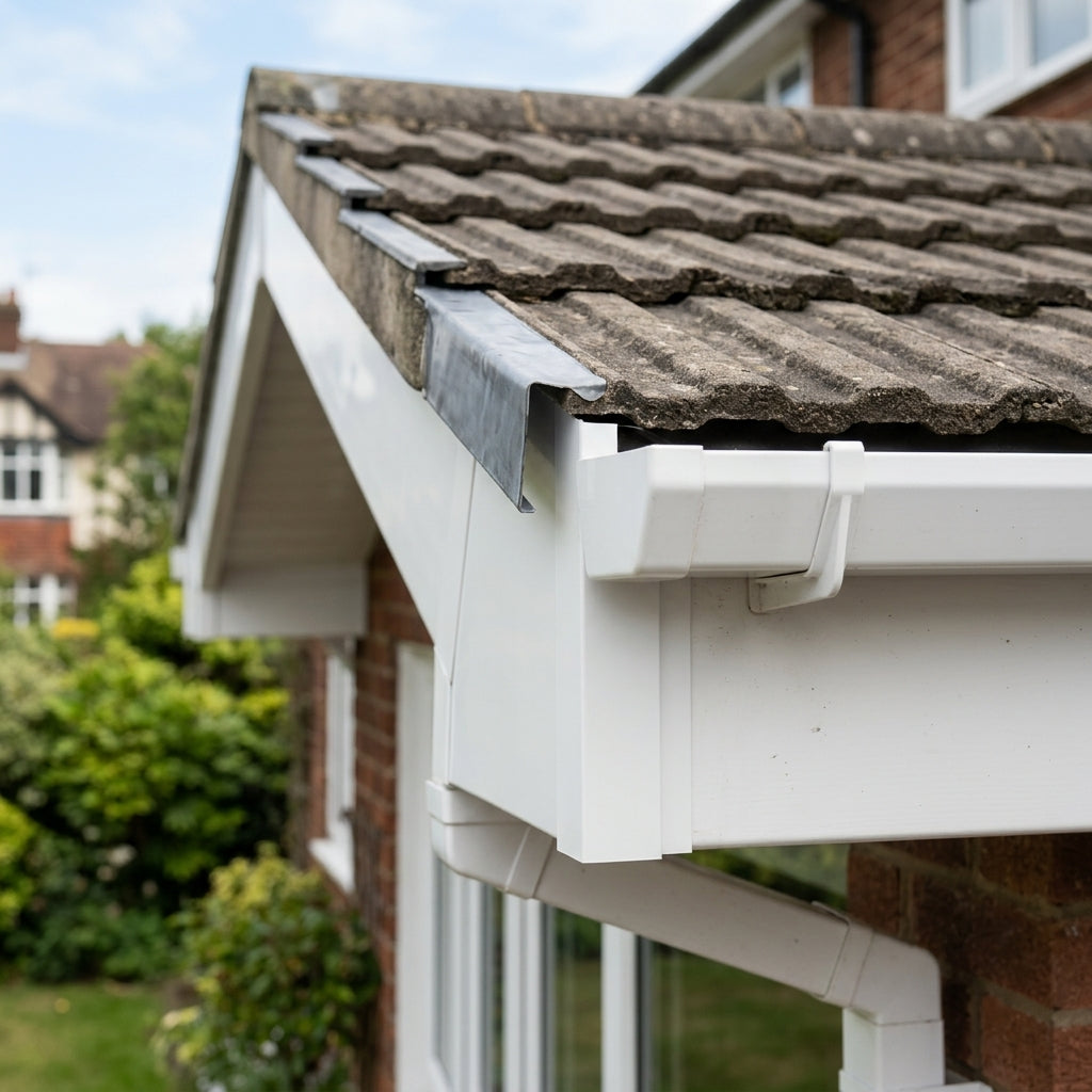 U Return Aluminium Fascia Angle Covers for Mitred Corners — RAL 9016 / 135 Deg Internal Angle (in use)