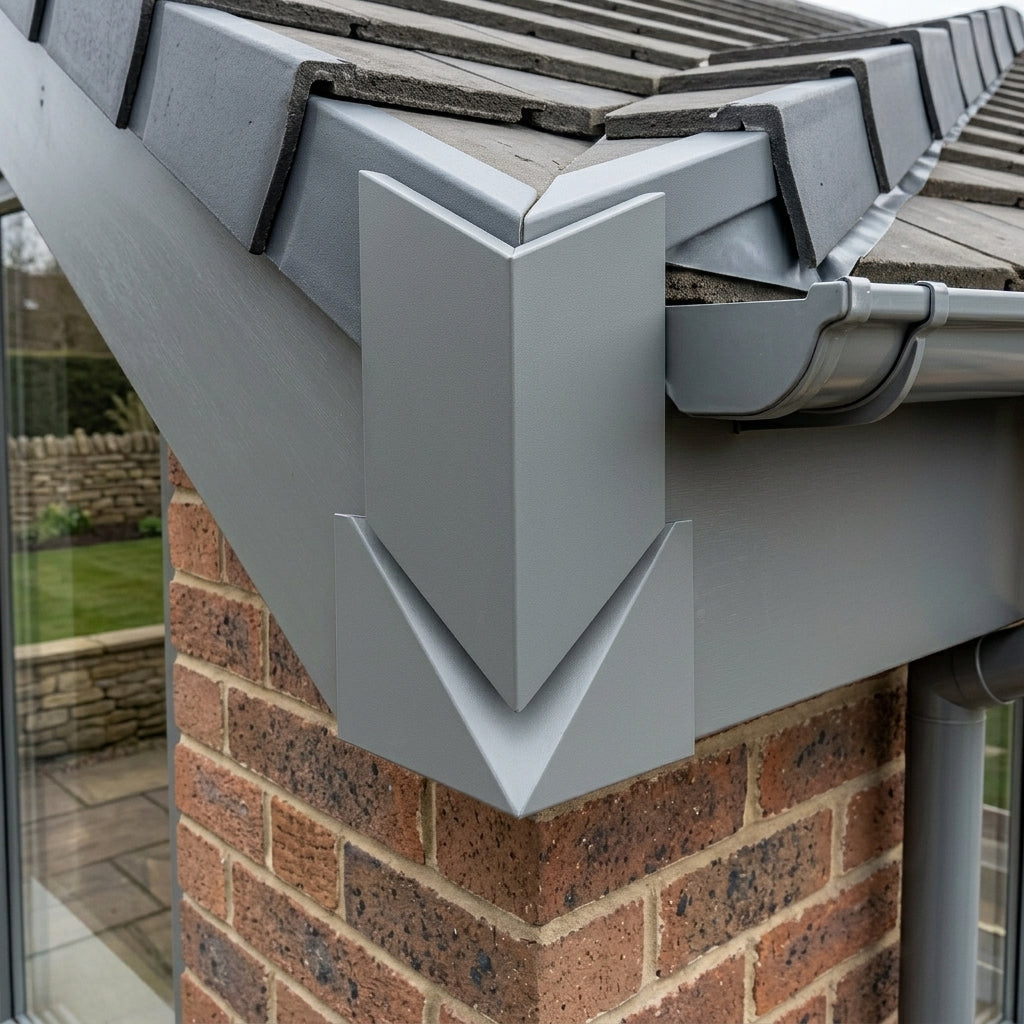 V Return Aluminium Fascia Angle Covers for Mitred Corners — RAL 7037 / 135 Deg Internal Angle (in use)