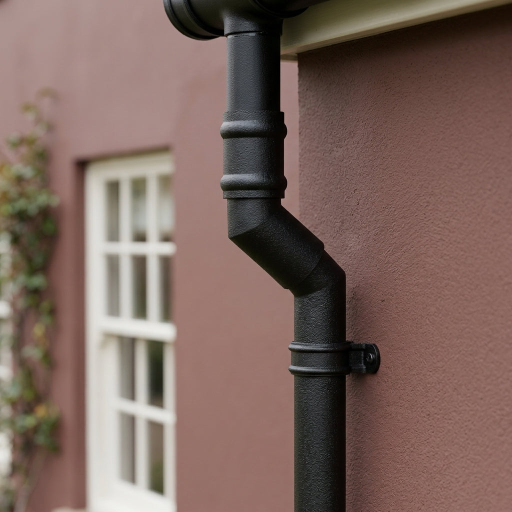 Traditional Aluminium Downpipe Bends 63mm Dia 92.5° 112.5° — Textured Black / 112.5 Degrees (in use)