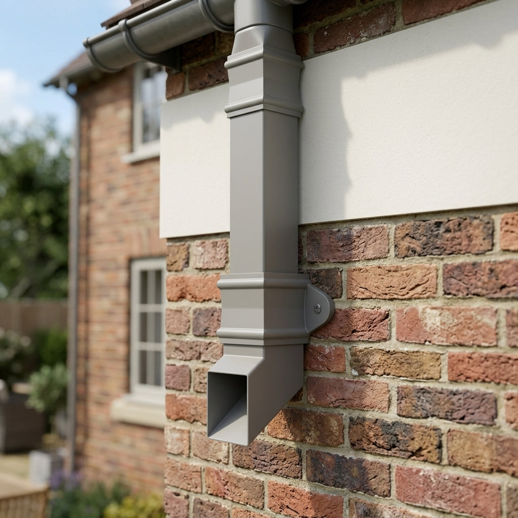 Traditional Aluminium Downpipe Shoe 72x72mm — RAL 7036 (in use)