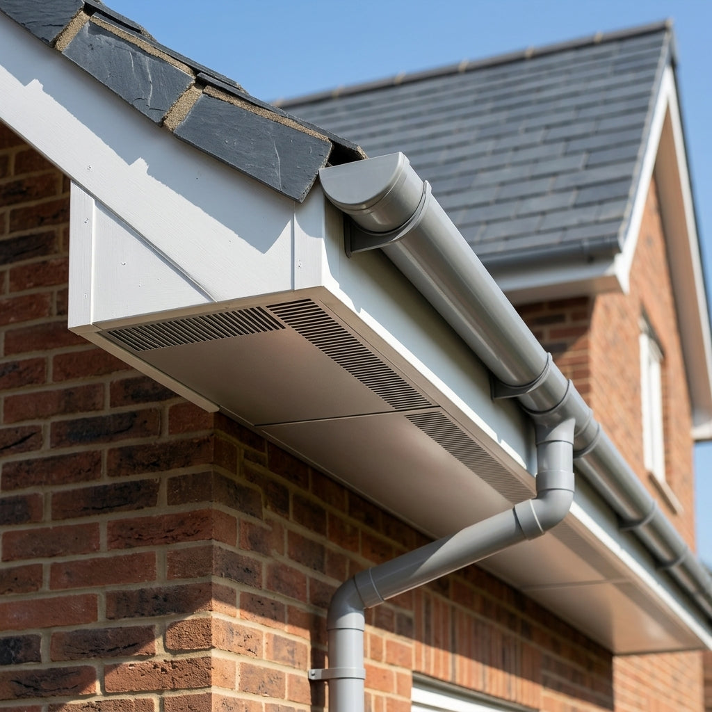 Aluminium Soffit Boards – Plain or Vented with Exterior Coating — RAL 9006 / 365mm Wide | Vented (in use)