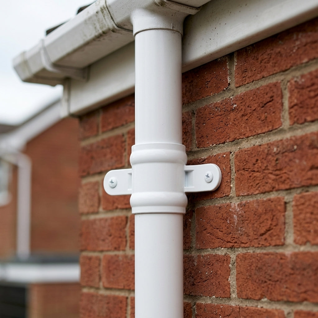 Traditional Downpipe Spare Socket 63mm Dia with Eared Fixings — RAL 9016 (in use)