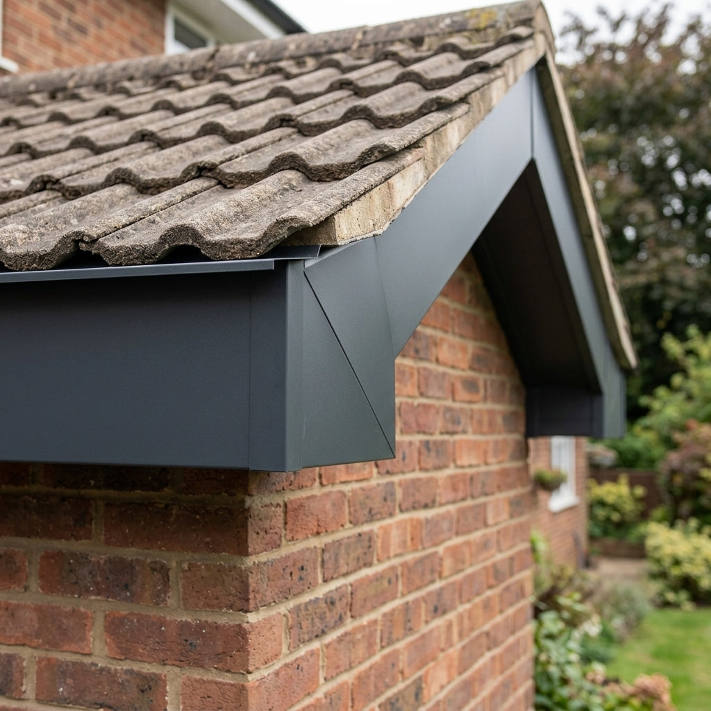 V Return Aluminium Fascia Angle Covers for Mitred Corners — RAL 7021 / 135 Deg External Angle (in use)