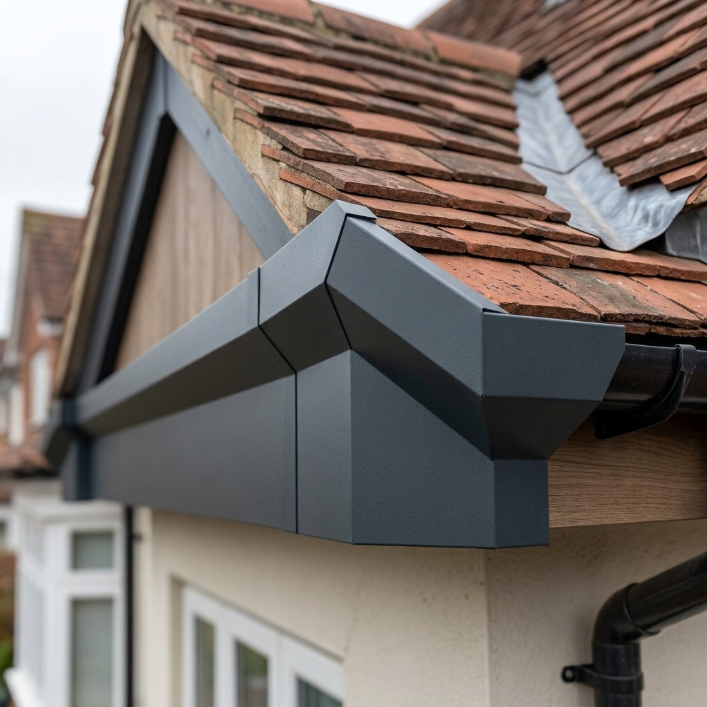 U Return Aluminium Fascia Angle Covers for Mitred Corners — RAL 7016 / 135 Deg External Angle (in use)
