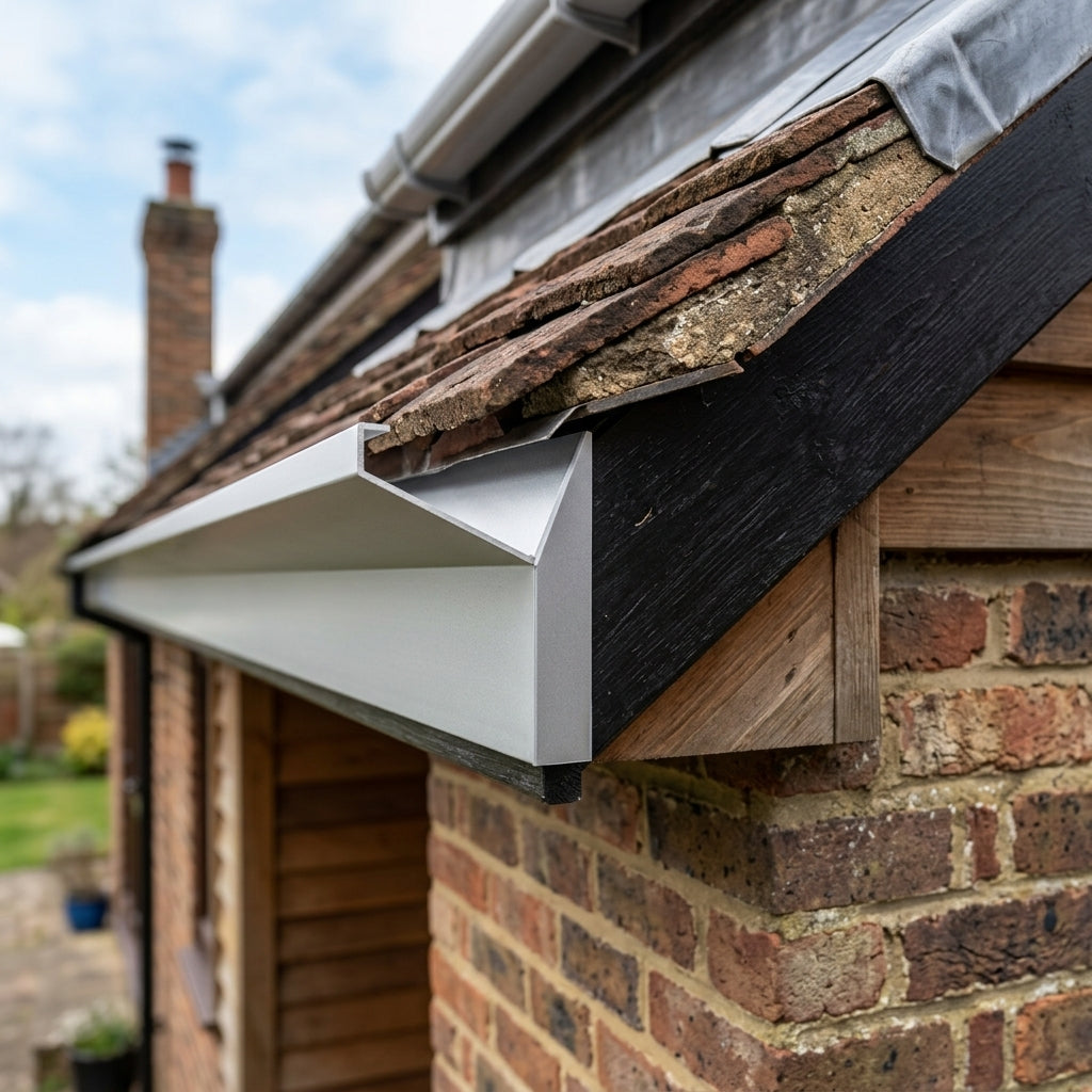 V Return Aluminium Fascia Angle Covers for Mitred Corners — RAL 9006 / 135 Deg External Angle (in use)