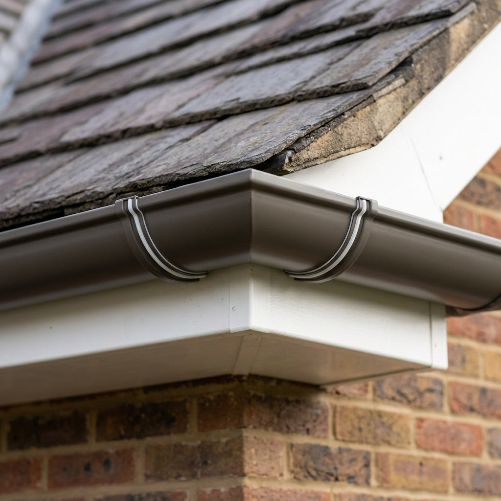 90° Aluminium Gutter Angle 130mm - Marine Grade — RAL 7022 (in use)