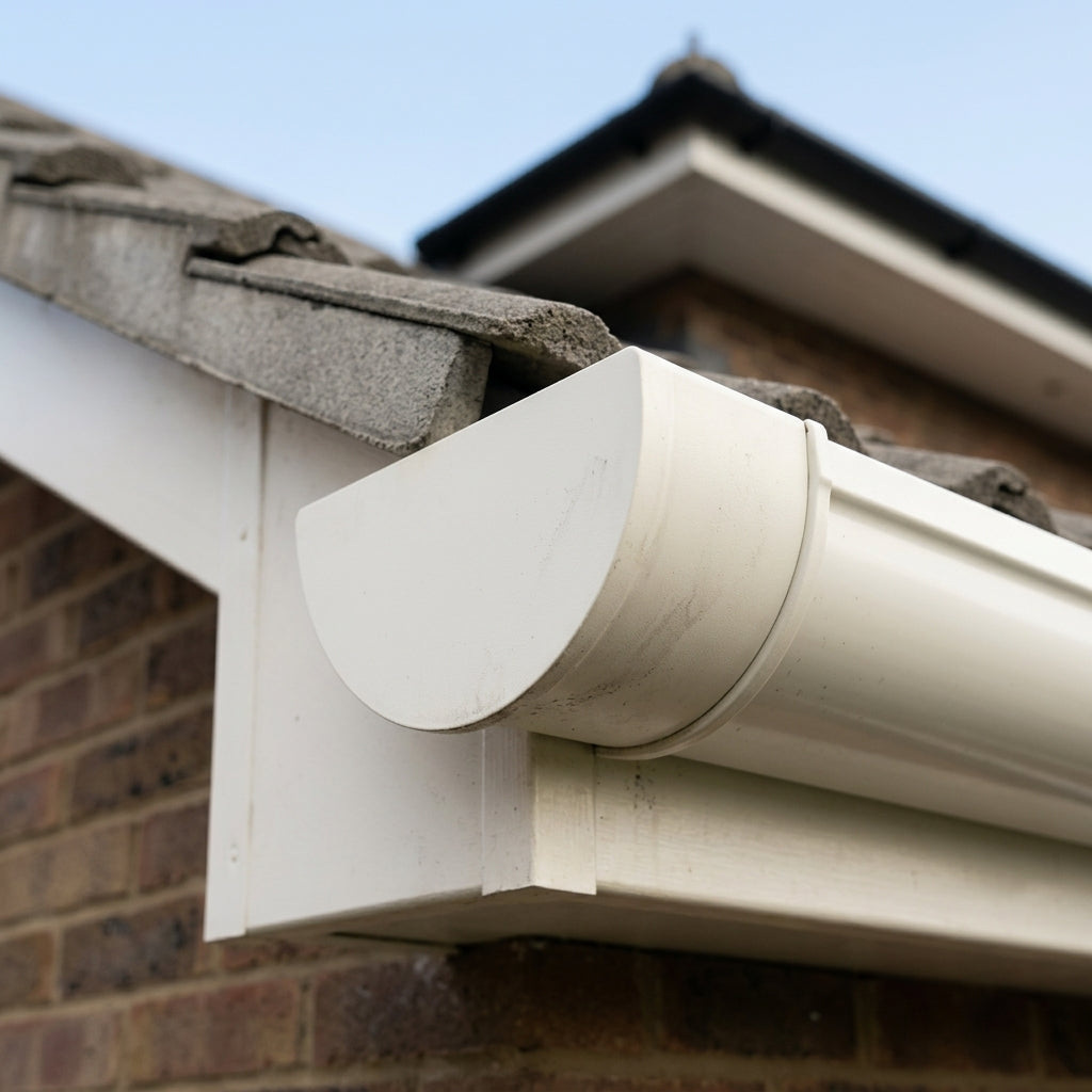 130mm Deepflow Aluminium Gutter Stop End — RAL 9010 (in use)