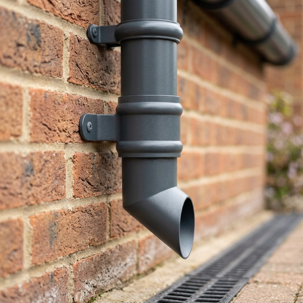 Traditional Aluminium Downpipe Shoe 76mm Diameter — RAL 7016 (in use)