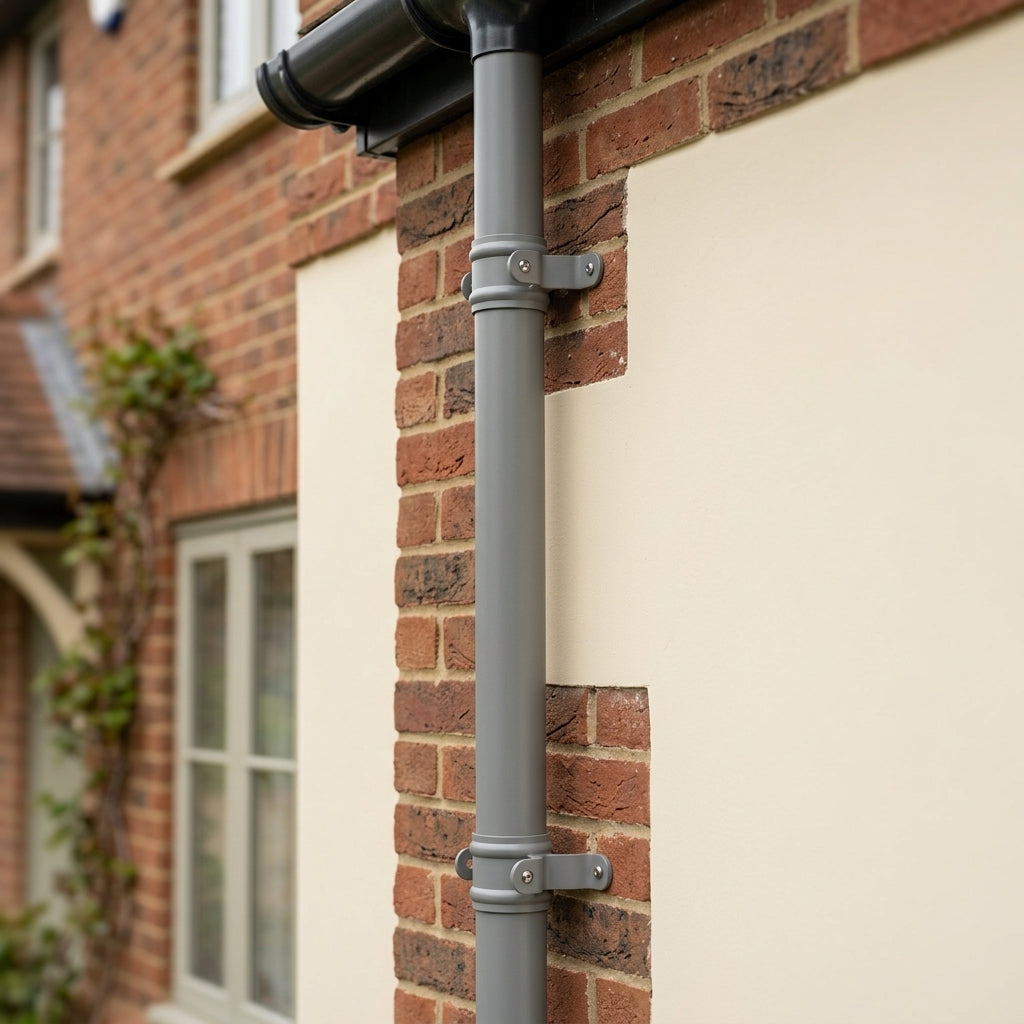 Aluminium Downpipe Length Eared Socket 63mm Dia x 3m — RAL 7037 (in use)