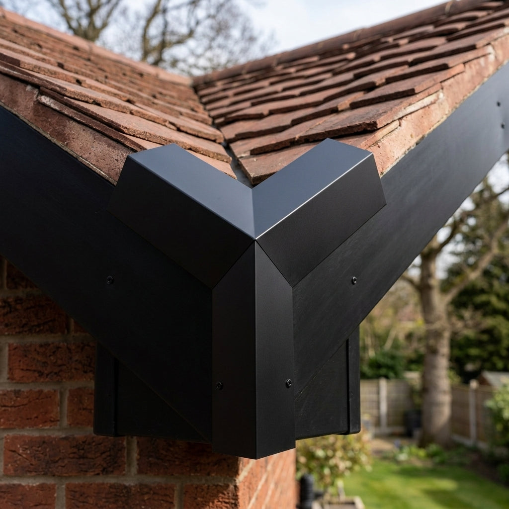 U Return Aluminium Fascia Angle Covers for Mitred Corners — RAL 9005 / 135 Deg External Angle (in use)