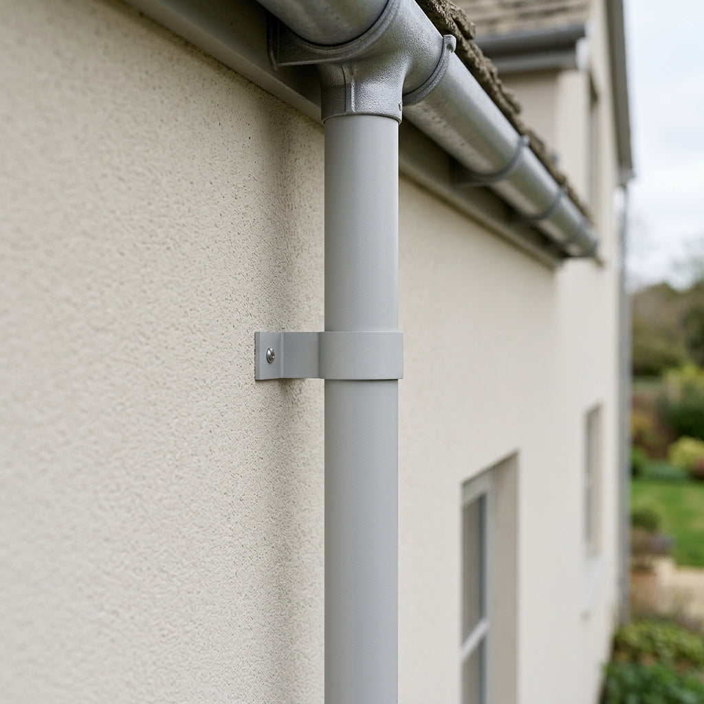 76mm Aluminium Downpipe Clip – Flush Joint — RAL 7035 (in use)