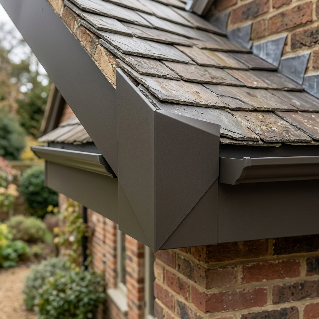 V Return Aluminium Fascia Angle Covers for Mitred Corners — RAL 7022 / 135 Deg Internal Angle (in use)