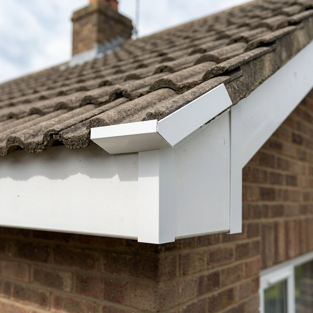 U Return Aluminium Fascia Angle Covers for Mitred Corners — RAL 9016 / 135 Deg External Angle (in use)