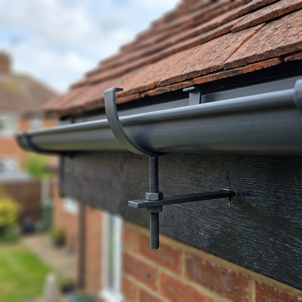 130mm Rise and Fall Gutter Bracket for Deepflow Aluminium System — RAL 7021 (in use)