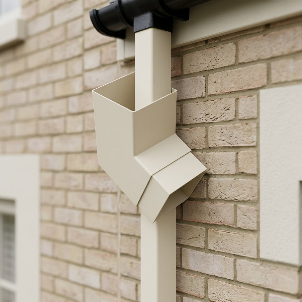 Flush Joint Aluminium Downpipe Bend 72x72mm — RAL 9010 / 112.5 Degrees (in use)